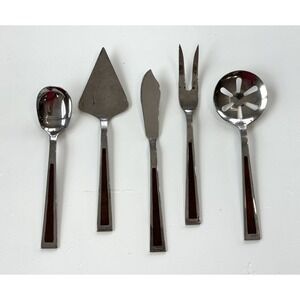 5 Vtg MCM Stanley Roberts flatware provincial‎ walnut Serving Utensil Wood Inlay
